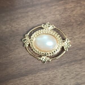 Gold Tone  and Faux Pearl Brooch